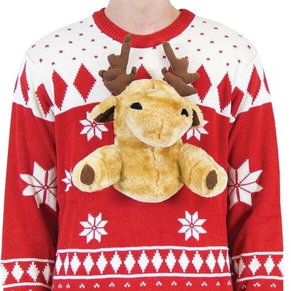 Ugly Christmas Sweater Other - Red 3-D Ugly Christmas Sweater with Stuffed Moose